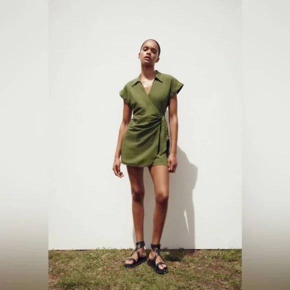 ZARA KNOTTED LINEN BLEND SHORT JUMPSUIT - Picture 1 of 5